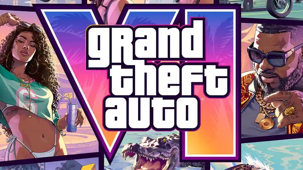 The Grand Theft Auto VI cover zoomed in, with the logo at centre. 
