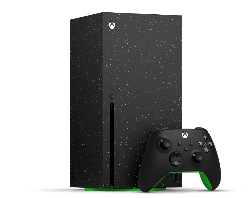 A product shot of the Xbox Series X Galaxy Black console.