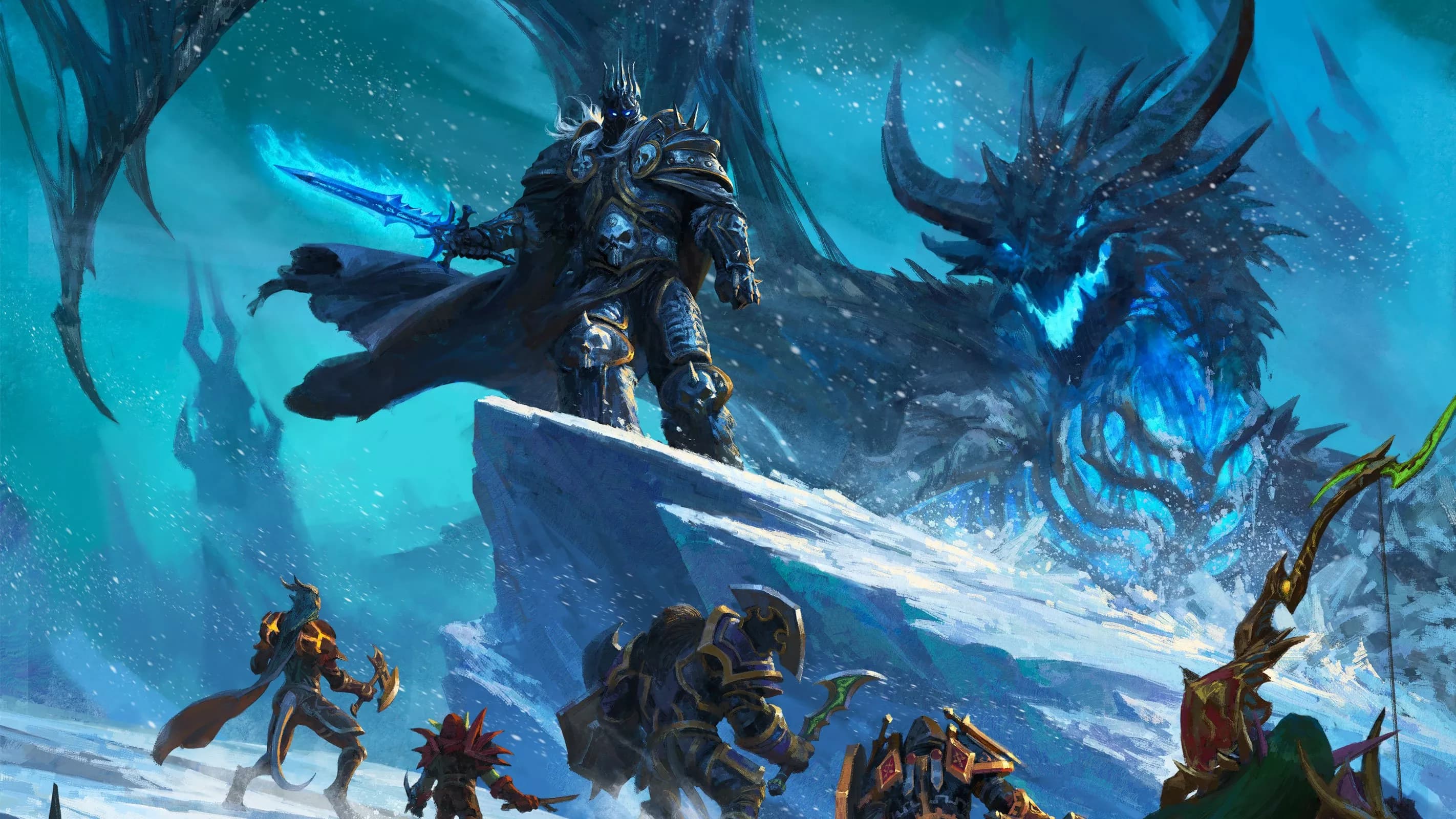 A hero shot of the Dungeons & Dragons: World of Warcraft crossover, including a shot of the Lich King atop an icy cliff.